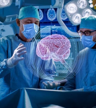 Surgeons Perform Brain Surgery Using Augmented Reality, Animated 3D Brain. High Tech Technologically Advanced Hospital. Futuristic Theme.